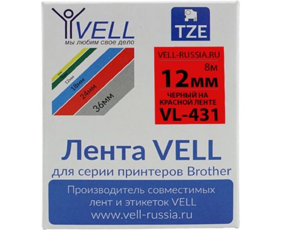 Лента Vell VL-431 Brother TZE-431, 12 мм, черный на красном, для PT 1010/1280/D200/H105/E100 320082 – изображение 2