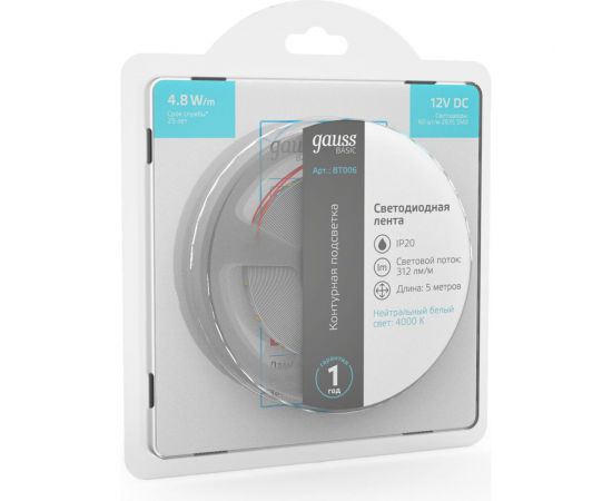 Лента Gauss Basic 12V 4,8W/m 312lm/m 4000K IP20 LED 5m BT006 – изображение 3