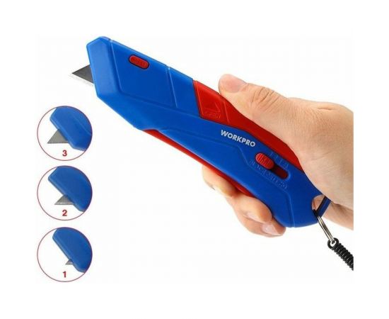Безопасный нож WORKPRO в чехле, трапециевидные лезвия WP213010 – изображение 3