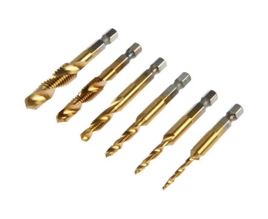 Набор сверл-метчиков ТУНДРА, TiN, шестигранный хвостовик, М3-М10, 65-72 мм, 6 шт. 7139567 
