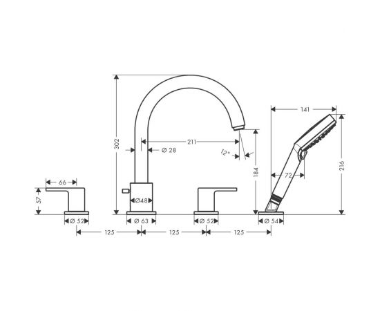 Смеситель на край ванны Hansgrohe Vernis Shape на 4 отверстия, хром 71459000 – изображение 2