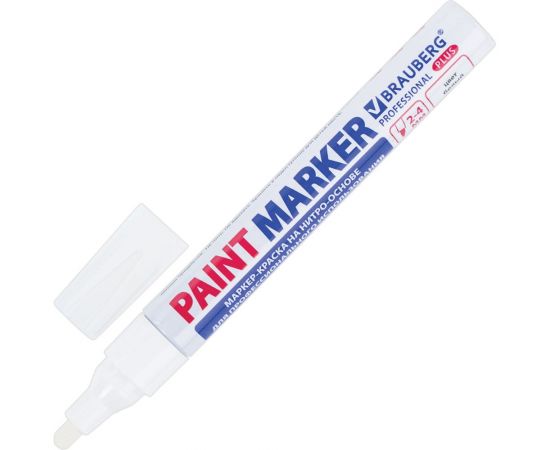 Лаковый маркер-краска BRAUBERG paint marker 4 мм, белый, нитро-основа, professional plus 151444 