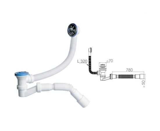Сифон для ванны AV Engineering выпуск D70 перелив гибкая труба 40x40/50 AVE129730 – изображение 2