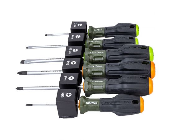 Набор отвёрток Дело Техники c трехкомпонентными рукоятками, 3х75; 4х100; 6,5х100; PH0х75; PH1х100; PH2х100 мм, 6 штук 728061 