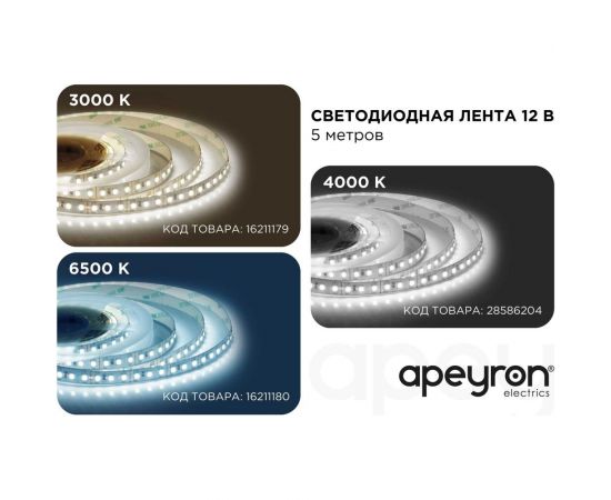 Светодиодная лента APEYRON 12В, 14,4Вт/м, smd2835, 5м, теплый белый 51 – изображение 11