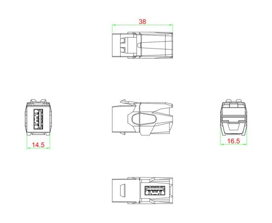 Вставка Hyperline KJ1-USB-VA3-BK формата Keystone Jack с проходным адаптером USB 3.0 (Type A), 90 градусов, ROHS, черная 251219 – изображение 2