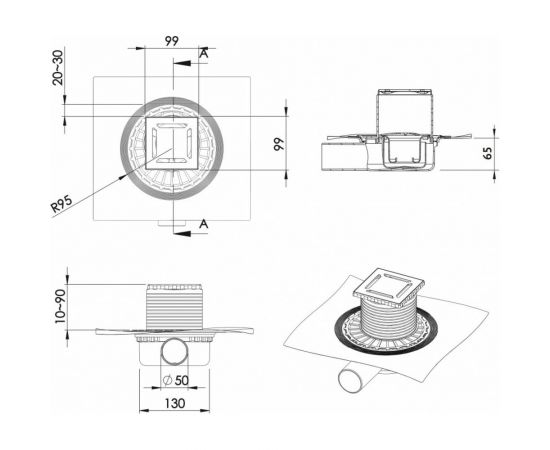 Напольный трап водосток BERGES ZENTRUM Uno 100х100, D50 мм 090371 – изображение 4