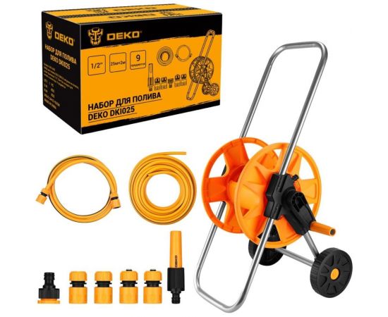 Набор для полива DEKO DKI025 катушка на колесах, шланг усиленный 1/2 25 м + 2 м, насадка для полива, коннекторы, 9 предметов 065-0463 