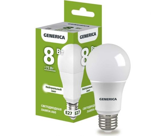 Светодиодная лампа GENERICA A60 груша 8Вт 230В 4000К E27 LL-A60-08-230-40-E27-G 