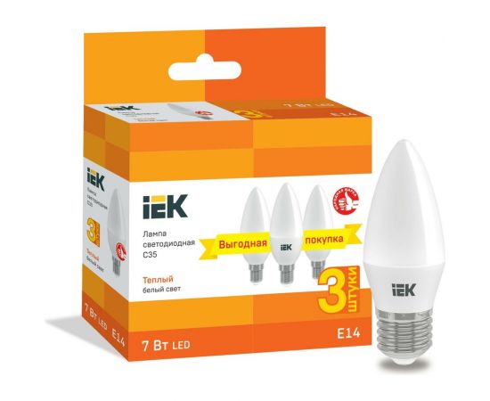 Лампа IEK LED C35 свеча 7Вт 230В 3000К E14 3шт/упак LLE-C35-07-230-30-E14-3 
