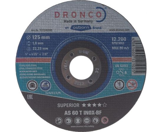 Диск отрезной по нержавейке Superior AS60T INOX (125x1x22.23 мм) DRONCO 1121240100 – изображение 3