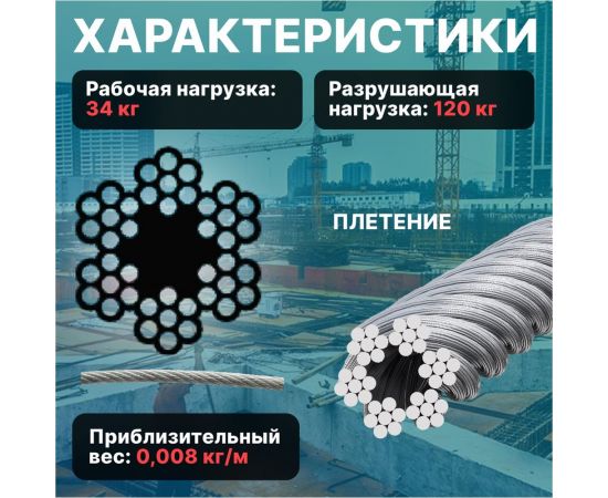 Круглопрядный стальной трос STARFIX SWR М1.5, DIN 3055, бухта 200 м SMP-53685-200 – изображение 2