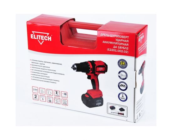 Аккумуляторная ударная дрель-шуруповерт Elitech 2х4.0Ач ДА 18УБЛ2 191609 – изображение 18