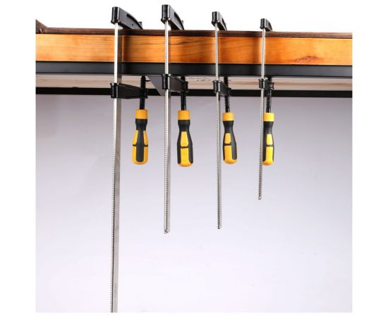 Столярная F-образная струбцина DELI dl111230 300x120 мм, максимальное усилие зажима 2000 Н, резьба 12 мм, штанга 5 мм 112039 – изображение 2