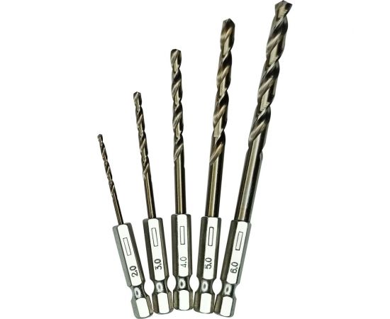 Набор сверл по металлу с шестигранным хвостовиком 5 шт, 2, 3, 4, 5, 6 мм vertextools 0987-5 