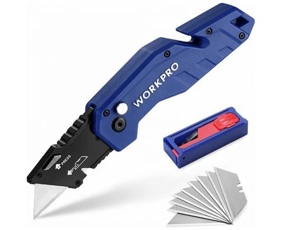 Складной быстросменный нож WORKPRO с нейлоновой рукояткой, 10 лезвий, трапециевидные лезвия WP211008 