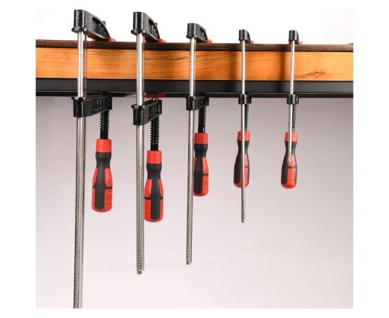 Столярная F-образная струбцина DELI dl110830z усиленная, 300x80 мм, максимальное усилие зажима 3000 Н, резьба 14 мм, штанга 6 мм 112049 – изображение 3