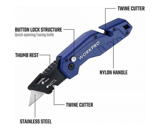 Складной быстросменный нож WORKPRO с нейлоновой рукояткой, 10 лезвий, трапециевидные лезвия WP211008 – изображение 3