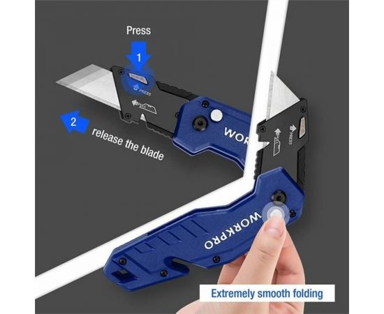 Складной быстросменный нож WORKPRO с нейлоновой рукояткой, 10 лезвий, трапециевидные лезвия WP211008 – изображение 4