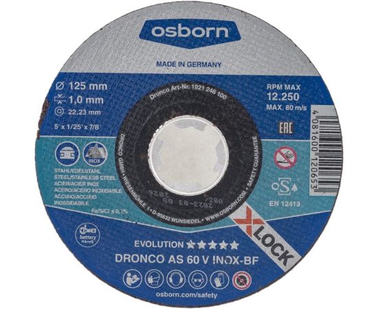 Диск отрезной по металлу Evolution AS60V INOX X-Lock 125x1 мм DRONCO 1921246100 
