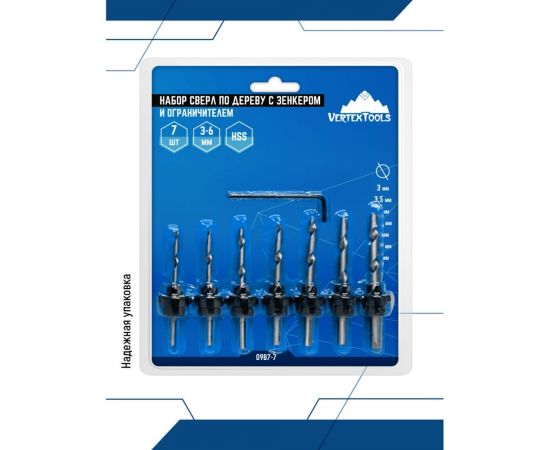 Набор сверл по дереву с зенкером и ограничителем 7 шт, 3-6 мм vertextools 0987-7 – изображение 4