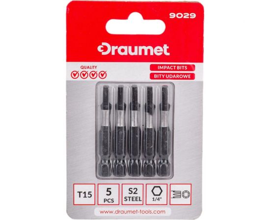 Биты ударные TORX T15, 50 мм, S2, 5 шт DRAUMET 9029 