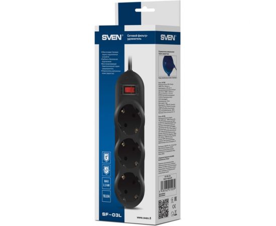 Фильтр SVEN SF-03L 3.0м, 3 розетки, черный SV-015039 – изображение 2