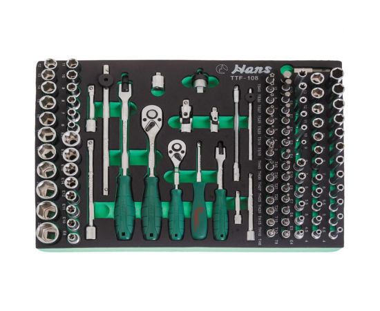Набор бит, торцевых головок и аксессуаров Hans на 1/4"", 3/8"", 108 предметов, ложемент TTF-108 