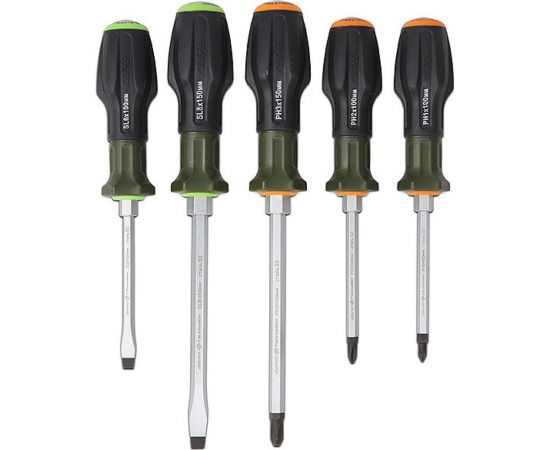 Набор усиленных отверток Дело Техники с трехкомпонентными рукоятками, 6,0 х1,2х100; 8,0х1,6х150; РН1х100; РН2х100; РН3х150 мм, 5 штук 748050 