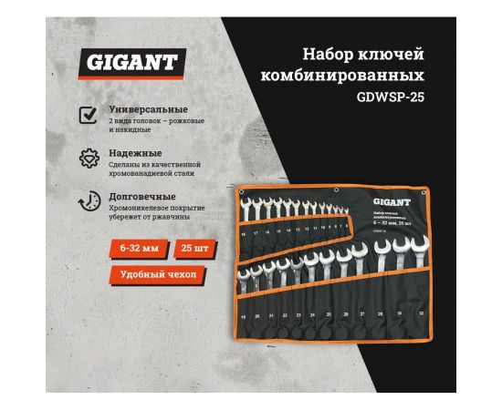 Набор комбинированных ключей Gigant 6 - 32 мм, 25шт., полированный хром GDWSP-25 – изображение 16