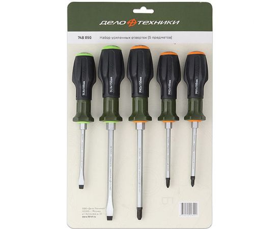 Набор усиленных отверток Дело Техники с трехкомпонентными рукоятками, 6,0 х1,2х100; 8,0х1,6х150; РН1х100; РН2х100; РН3х150 мм, 5 штук 748050 – изображение 3