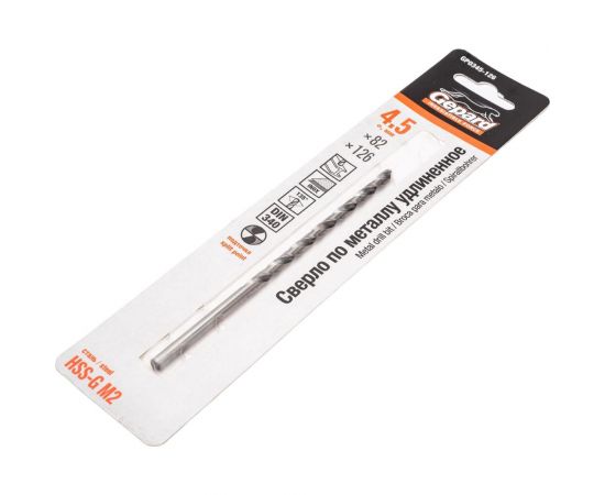 Сверло спиральное удлиненное по металлу 4.5x82x126 мм, HSS-G Gepard GP0345-126 – изображение 2