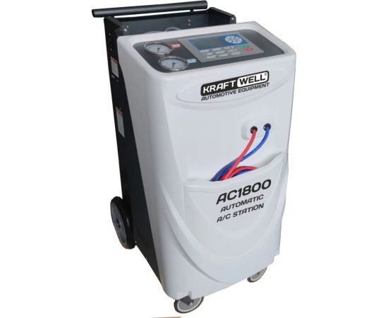 Установка для заправки автомобильных кондиционеров KraftWell с сенсорным дисплеем, автоматическая, фреон R-134a, 120 л/мин., внутр. ёмкость 14.5 л AC1800 