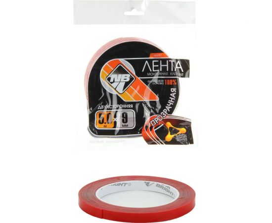 Двухсторонняя клейкая лента Nova Bright fusion красный + прозрачный (акриловая основа), 9 мм х 5 м 46667 