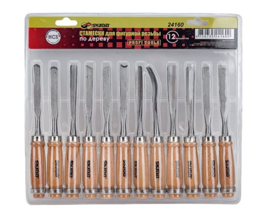 Набор резцов по дереву SKRAB 12 предметов, с деревянной ручкой HCS 24160 