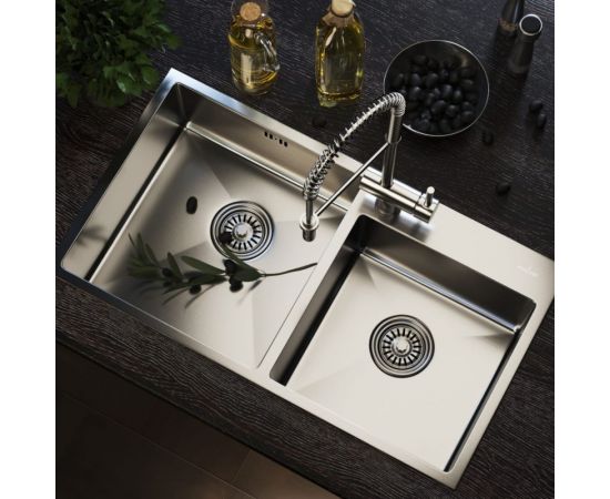 Настольная мойка MIXLINE PRO 72x40, 3мм, 2-х чашевая, выпуск 3 1/2, 22 см, с сифоном, сатин 547240 – изображение 6