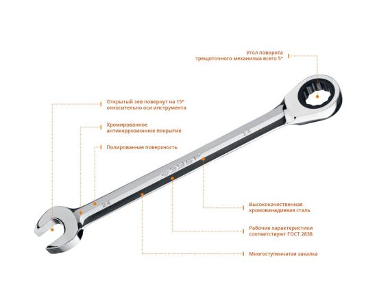 Комбинированный гаечный трещоточный ключ Зубр ПРОФИ 27074-24 – изображение 2