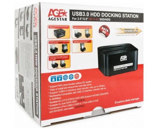 Докстанция AgeStar USB 3.0 2x2.5""/3.5"" SATA HDD/SSD, пластик, черный, UASP, Clone, 3UBT6-6G (BLACK) – изображение 3