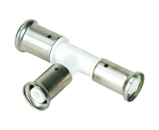 Переходный уменьшенный с двух сторон тройник Henco ПВДФ пресс белый, 20x16x16 HE 11PKW-201616 