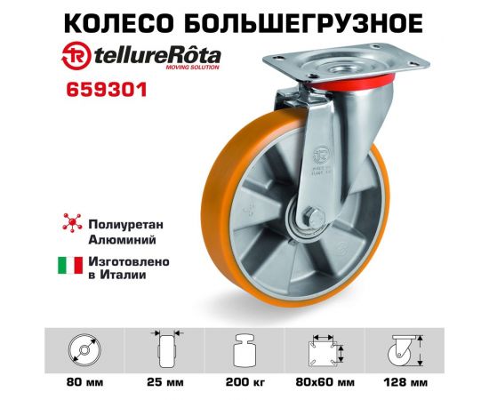 Колесо поворотное большегрузное (80 мм; 200 кг; полиуретан TR/алюминий) Tellure rota 659301 – изображение 2