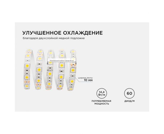 Светодиодная лента Apeyron в блистере, 12В, 14,4Вт/м, smd5050, 60д/м, IP65, 700Лм, подложка 10мм, 1м, 3000К 258BL – изображение 6