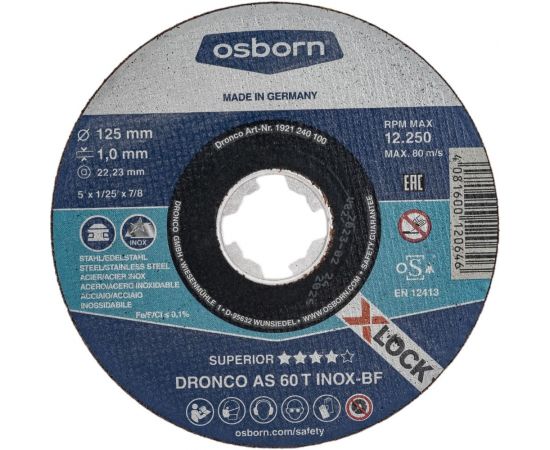 Диск отрезной по нержавейке Superior AS60T INOX X-Lock 125x1 мм DRONCO 1921240100 