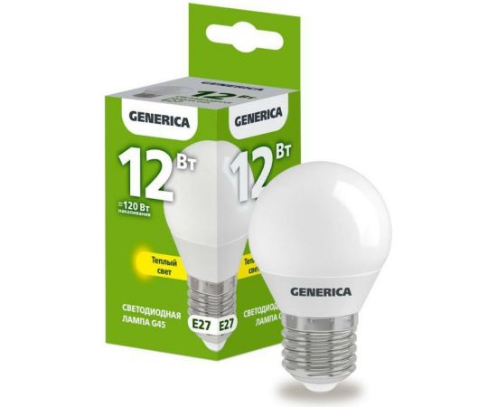 Светодиодная лампа GENERICA G45 шар 12Вт 230В 3000К E27 LL-G45-12-230-30-E27-G 