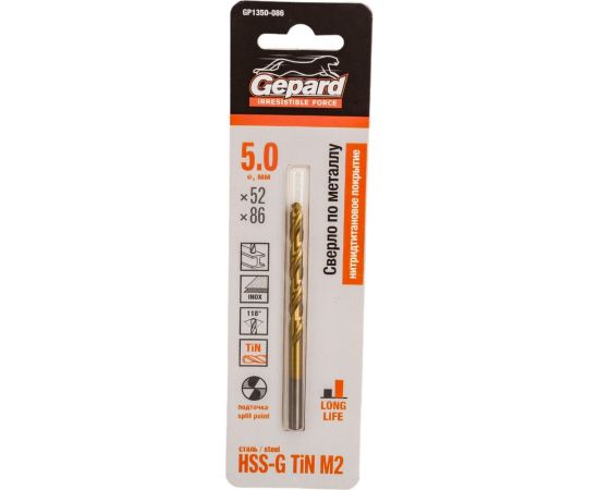 Сверло спиральное по металлу 5x52x86 мм, HSS TIN Gepard GP1350-086 
