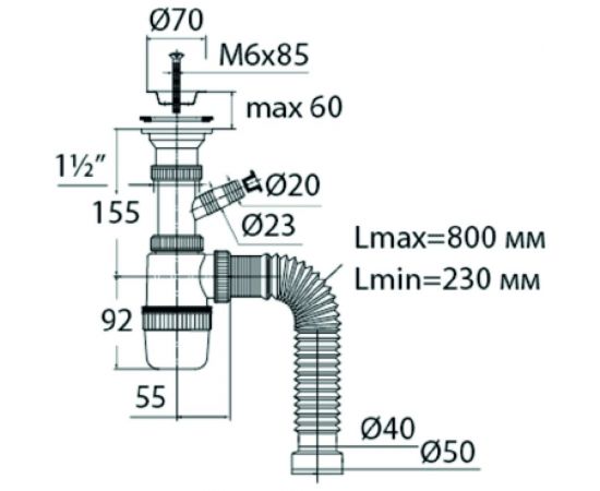 Сифон VIRPLAST Элит 1.1/2 с нерж.чашкой, с отводом д/ст.м и гофрой 40/50 L800мм 100410 30986143 – изображение 2