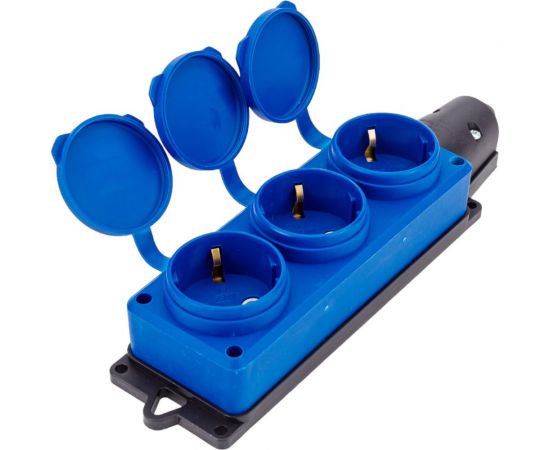 3-х местная однофазная колодка UNIVersal с заглушками компакт c заземлением каучук 16а 250в ip44 цвет синий еврослот 3044 – изображение 2