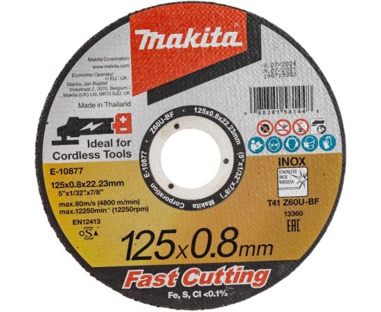 Диск абразивный отрезной для нержавеющей стали 125x0.8x22.23 мм, Z60U, плоский Makita E-10877 