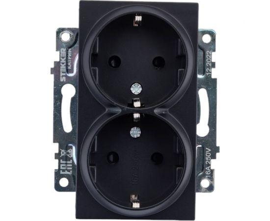 2-местная розетка STEKKER с защитной шторкой механизм с заземлением, 16А, Катрин, GLS16-7114-05, черный 39612 – изображение 4