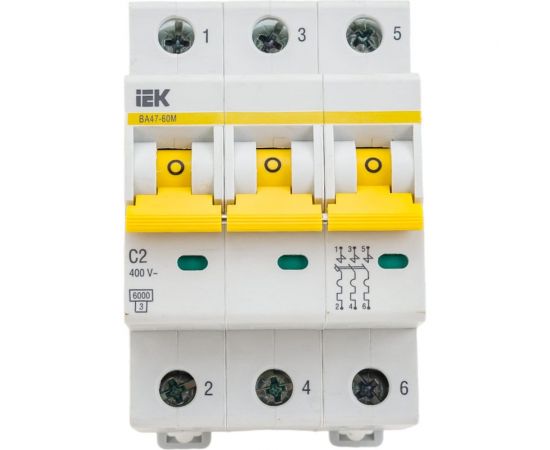 Автоматический выключатель IEK ВА47-60M 3Р 2А 6кА С MVA31-3-002-C 