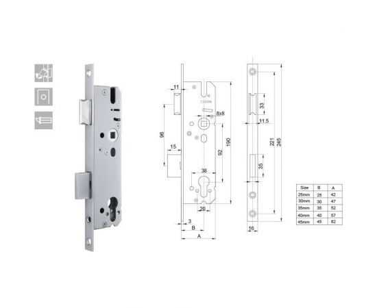 Дверной врезной замок ANBO (для ПВХ; м/о 92 мм; пл. 16 мм; д/м 25 мм; с фалевой защелкой) l4383 – изображение 2